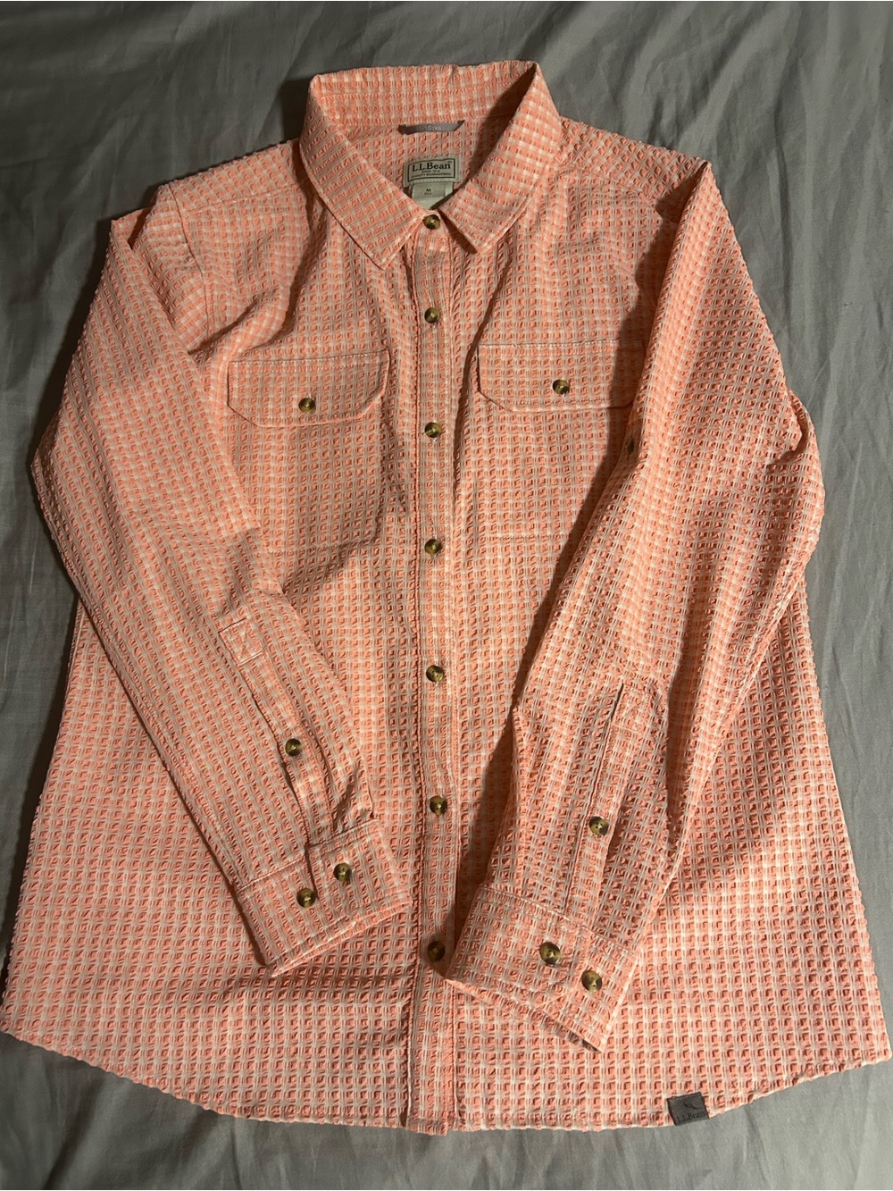 L.L. Bean Peach and White Gingham Button-Down Shirt Size M